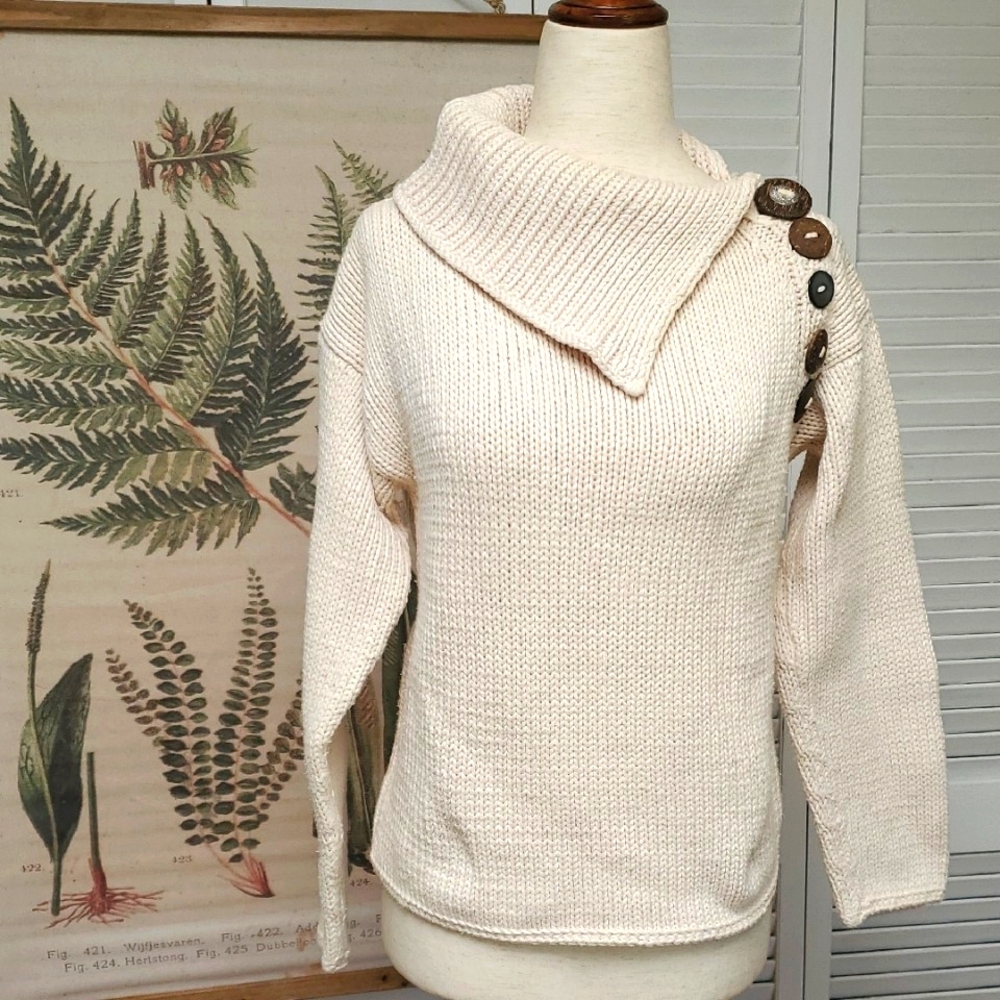 Pure /Handknit Off-White Cowl Neck Sweater with Button Details Size XS/S